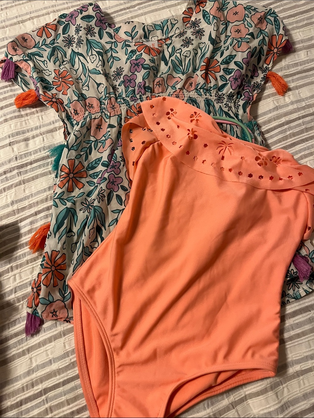 Size 8 Cat & Jack Peach bathing suit and matchingTeal Floral Cover-up
